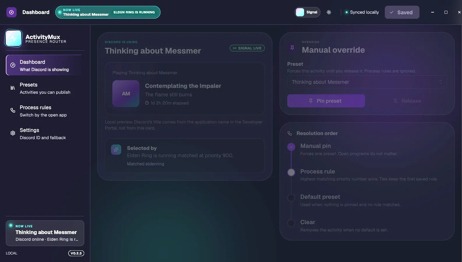 ActivityMux dashboard. Discord is showing Thinking about Messmer because Elden Ring is running. The order is pin, process rule, default, then clear.